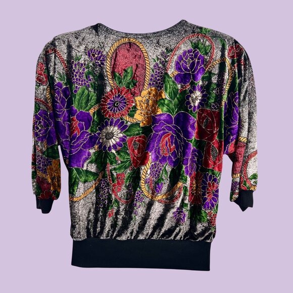 VINTAGE WESTERN CONNECTION VELOUR FLORAL GOLD GLITTER ACCENT DOLMAN SLEEVE TOP - Picture 3 of 4